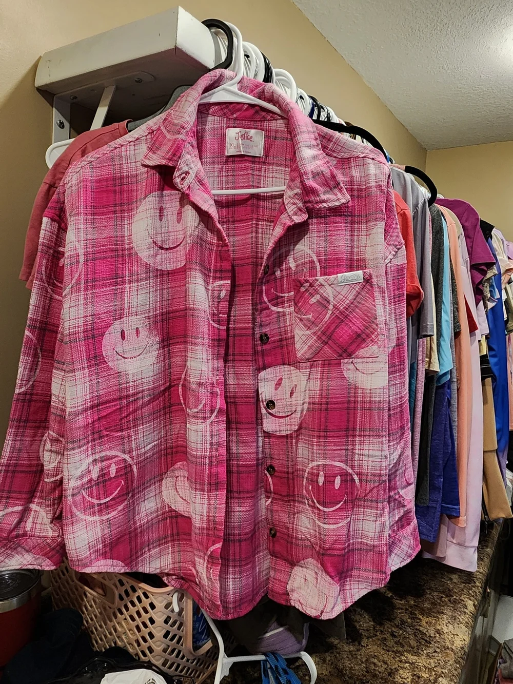 Justice Pink Plaid Button-Up Shirt with Smile Prints